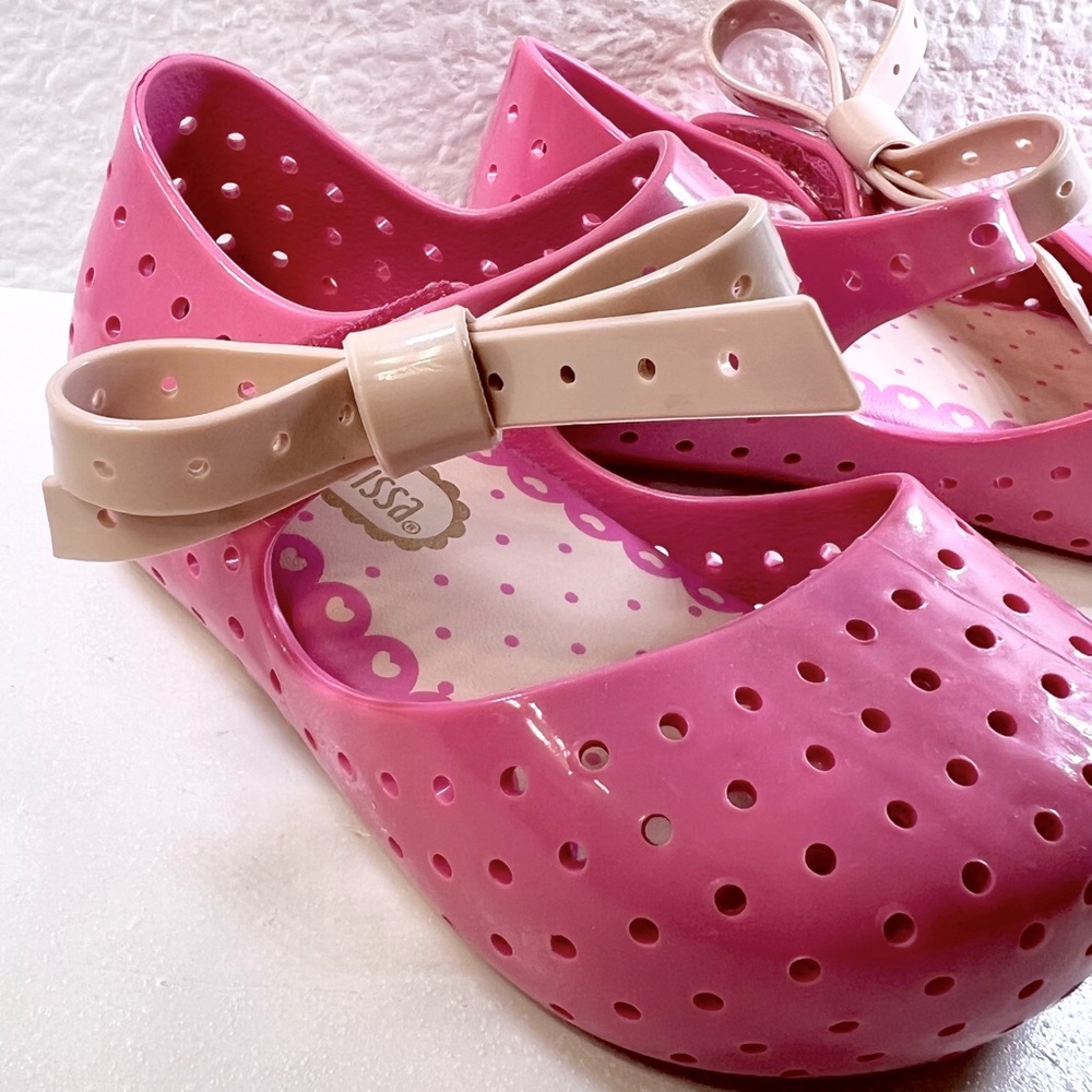 ♥️ 2X HP MINI MELISSA Furadinha X Mary Janes Sz 5 Pink Bow Jellies Toddler NWOT - Picture 9 of 10